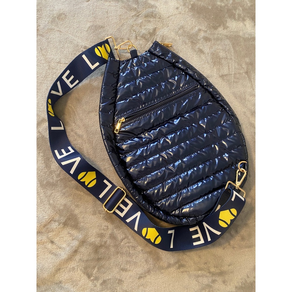 Ah-Dorned Tennis Racket Bag Navy Blue Quilted Puffer Sling LOVE Strap Pockets - Picture 4 of 10